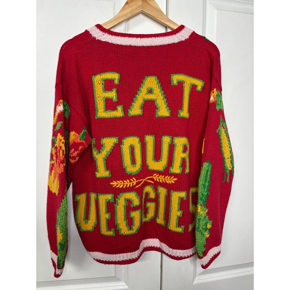 Vintage 1991 The Eagles Eye Eat Your Veggies Vegetable Red Knit Sweater Medium - Picture 5 of 8